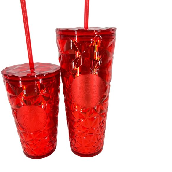 Starbucks Poinsettia Red Prism Tumbler Set With Lids Straws 16 Oz & 24 Oz - Picture 4 of 16